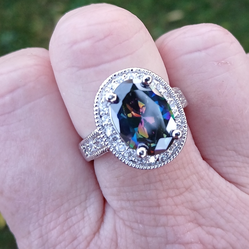 New Halo Oval Mystic Topaz & CZ 925 Silver Ring. - Picture 10 of 16